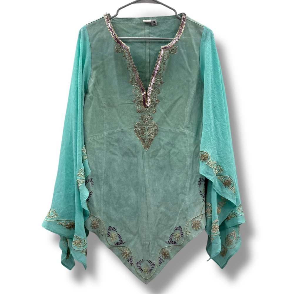 Vintage Wilson's Leather Blue Suede Boho Western Sequin Kimono Sleeve Top‎ Sz XL